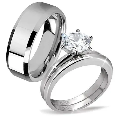 His & Hers Classic Men's Band Women's CZ Stainless Steel Wedding Engagement Ring • $27.49