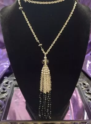 Vintage Silver Clear & Black Bead Tassel Long Silver Tone Necklace - 34  (278) • $9.99