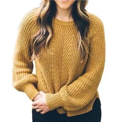 Madewell Cable Knit Crew Neck Pullover Sweater M Mustard Balloon Long Sleeve • $24.95