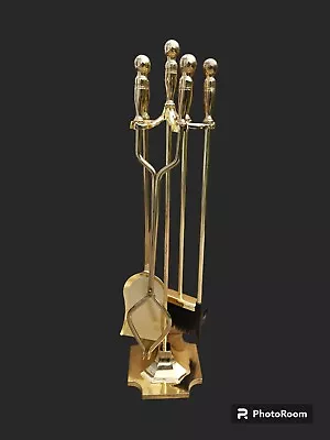 Fireplace Polished Brass Poker Tool Set Poker Shovel Brush & Tongs 5 Piece READ • $75