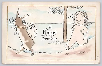 Vtg Post Card  A Happy Easter  Anthropomorphic Bunny And Cherub 1917 Posted A96 • $4.25