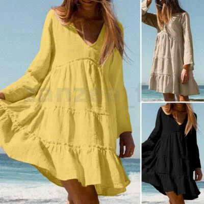 $31.34 • Buy ZANZEA Womens Summer Long Sleeve V-Neck Tiered Oversized Beach Maxi Sundress AU