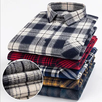 Men's New Plaid Tartan Brush Cotton Flannel Casual Long Sleeve Shirt • £14.99