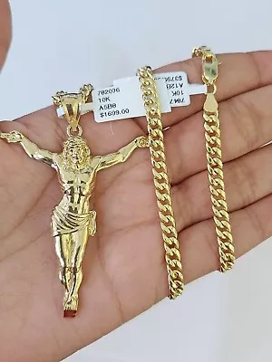 Real 10k Miami Cuban Chain Jesus Charm Set 4mm Yellow Gold Necklace Pendant • $349