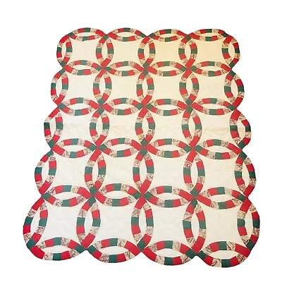 Quilt Lap Throw Wall Hanging 48 X 58 Double Wedding Ring Red Green Christmas • $44.95