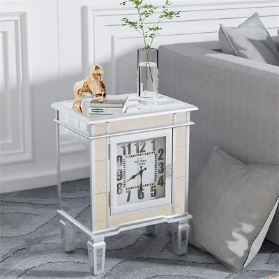 WISFOR Mirrored Side Table Nightstand Bedroom Bedside Cabinet Storage W/ Clock • £119.90