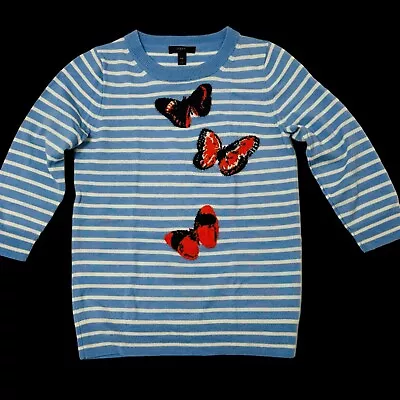 J Crew Women XXS 100% Wool Monarch Butterfly Sweater Blue Stripe Crew Neck • $28.97