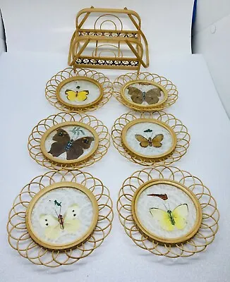 Vintage 1980s Handmade Bamboo Straw Real Butterfly Coaster Set W/ Holder BB • $41.22