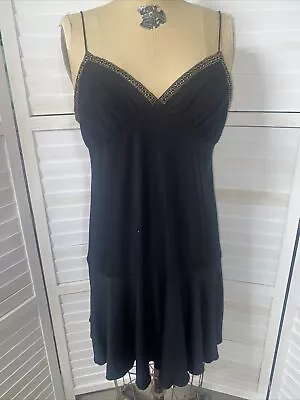 VTG Eva Blue Black Glitter Slip Dress Beaded Straps 90's Y2K Fit N Flare Sz 12 • $25