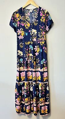 Silver Wishes Women’s Floral Boho Maxi Dress Size 14 Blue Border Print Casual • $38