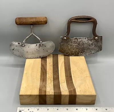 2 Vtg Ulu Knives & Chopping Block Cutlery Bowl Board Set Metal & Wood Handles • $29.99