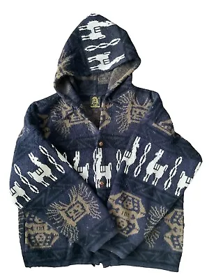 VGT Wool Aztec Cardigan Sweater Tejidos Ruminahui Llama Alpaca Hoodie Mens XL • $42.99