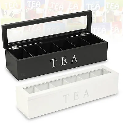 £9.49 • Buy Wooden Tea Box 6 Compartments Hinged Glass Lid Spice Coffee Capsule Holder Food