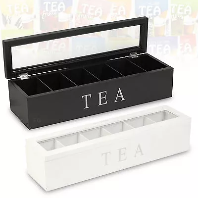 £9.49 • Buy Wooden Tea Box 6 Compartments Hinged Glass Lid Spice Coffee Capsule Holder Food
