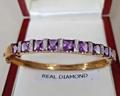 £665 • Buy 9ct Gold Heavy 16 Grams Amethyst & Diamond Bangle Bracelet