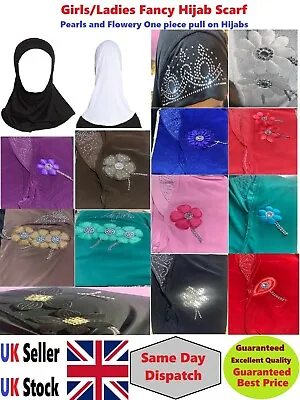 Muslim Girls Fancy Hijab Scarf Pearls And Flowers One Piece Pull On Hijab • £4.49