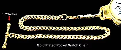 Gold Plated Pocket Watch Chain With One & Half Inches Long T Bar & Swivel Hook • $14.85