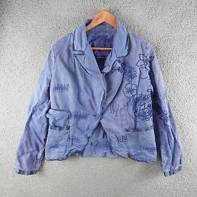Desigual Womens Jacket 44 Blue Linen Blend Button Pocket Collared Blazer Work • $54.90