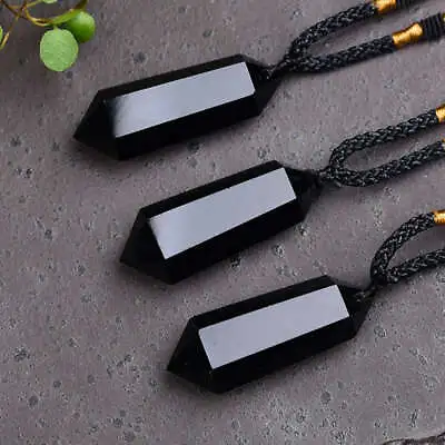 Natural Black Obsidian Quartz Pendant Chakra Crystal Necklace Healing Stone Gift • £5.27