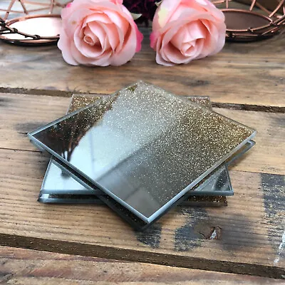 £4.99 • Buy S/4 Gold Glitter Mirrored Drinks Coasters Glass Coffee Cup Table Mats Coasters 