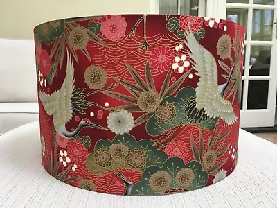 Red Oriental Lamp Shade Japanese Cranes Fabric Floral Bird Exotic Lampshade Gold • £29