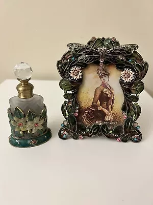 Set Perfume Glass Bottle Dragonfly Enamel Ornate Crystals & Photo Frame Vanity • $39.95