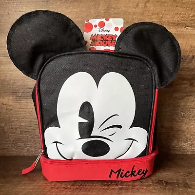 Disney Mickey Mouse Dual Compartment Lunch Bag Insulated Tote Kids Black Red • $13.99