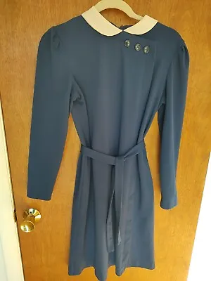 Vintage JCPenney Sz S? Navy Blue Long Sleeve Dress Peter Pan Collar Midi Length • $15