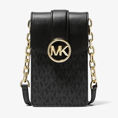 NEW Michael Kors Carmen Black Logo Monogram PVC Smartphone Crossbody Bag Purse • $67.77