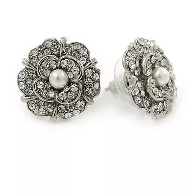 Clear Crystal Flower Stud Earrings In Rhodium Plated Metal - 20mm D • £13.90