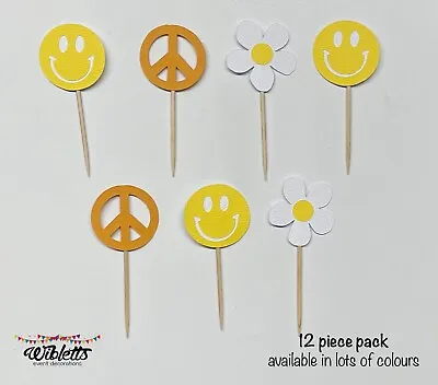 Cute Hippy Daisy Smiley Face Peace Sign Theme Birthday Cupcake Cake Toppers • $12.82