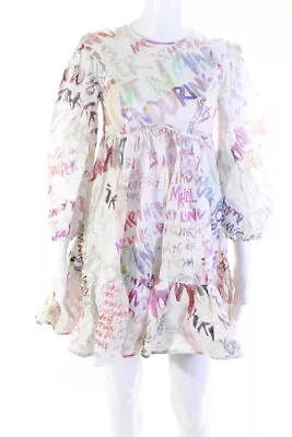 Zimmermann Womens Back Zip Crew Neck Graffiti Linen Mini Dress White Multi 0P • $104.99