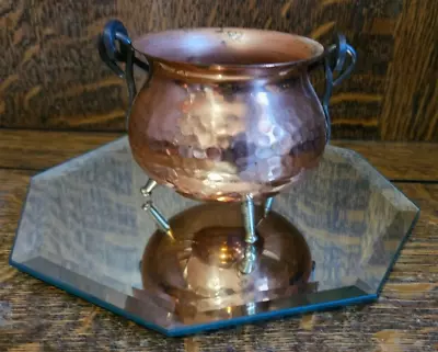 Vintage Miniature Hammered Copper Cauldron Brass Footed Pot With Handle 3  Tall • $20