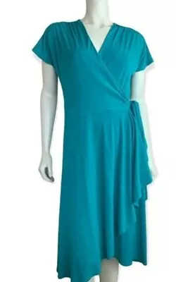 Vicky Tiel Wrap Dress Jersey Teal Slit Sleeve Sz M • $18