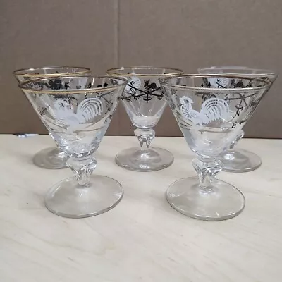 Vtg Libbey Glass MCM Mid Century Rooster Weathervane Gold Rim Martini Set Of 5 • $29.99