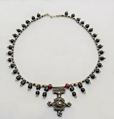 Vintage Hand Made Sterling Silver Moroccan Berber Cross Pendant Beaded Necklace • $550