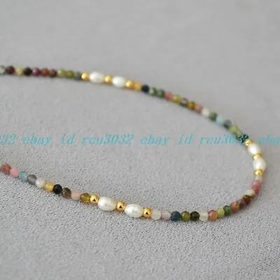 Faceted 3mm Natural Multicolor Tourmaline White Pearl Round Beads Necklace AAA • $6.64