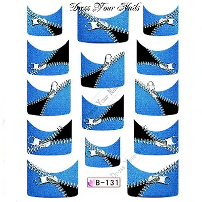 Nail Water Decal - French Tip Blue/Black ZIPS Transfers Sticker  - B-131 - UK • £1.99