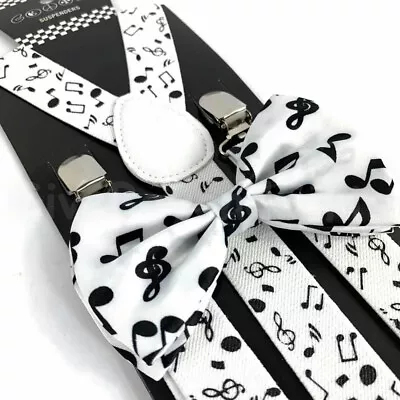 Suspender And Bow Tie Adults Men White Black Music Notes Formal Wear Accessories • $9.99