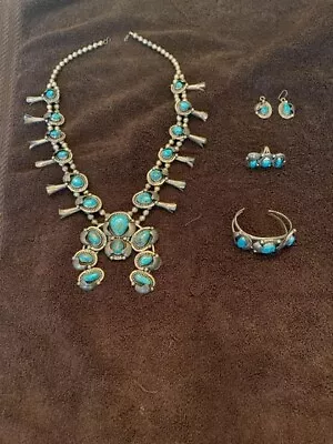 Vintage Navajo Silver & Morenci (?) Turquoise Squash Blossom 5 Pc. Necklace Set • $2825