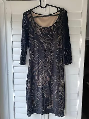 M&S Lace Black/beige Stretchy Knee Length Dress - Size 12 • £12.50