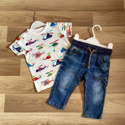£3.20 • Buy Baby Boy Clothes 6-9 Months Preloved Next Helicopter T Shirt & Pull Up Jeans 