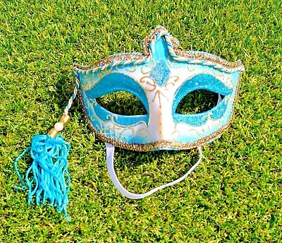 Blue & Gold Venetian Mardi Gras Prom Glitter Masquerade Ball Theater Tassle Mask • $9.95