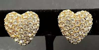 Vintage MONET Gold Tone Clear Pave Rhinestone Heart Clip-on Earrings Signed  • $9.99