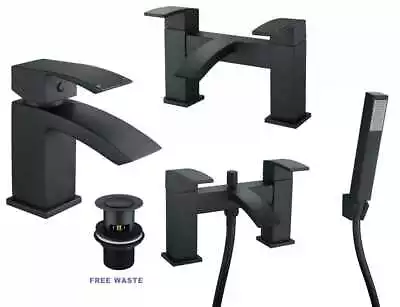 Matt Black Square Mixer Waterfall Bathroom Basin Sink Bath Filler Shower Tap Set • £31.99