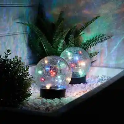 Solar Powered Multi-Coloured Crackle Ball Set Of 2 LED 12cm Eco Friendly Garden • £16.99