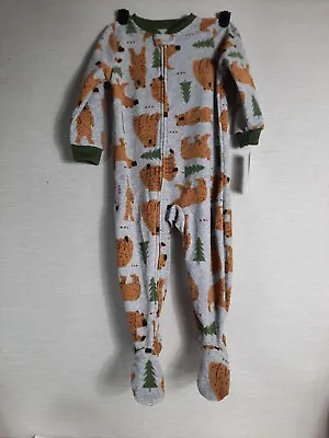 Carter's Footed 2T Gray Pajamas Fleece Toddler Boy's Brown Bear Pine Trees NWT • $15.99