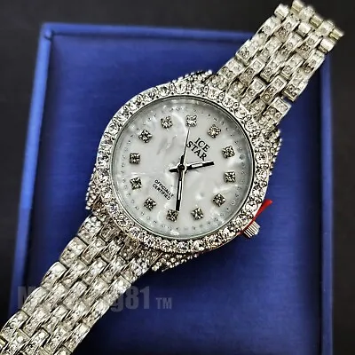 Women's Hip Hop Iced Silver Plated Bling Lab Diamond Metal Band Watch Pearl Dial • $25.99