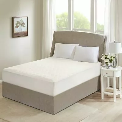 Luxury White Cotton Heated Mattress Pad W/Deep Pocket & 20 Heat Settings • £125.46