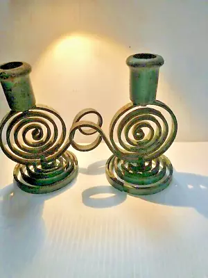 SET Vintage Heavy Iron All Steel Spiral Coil Courting Chamberstick Candle Holder • $99.95